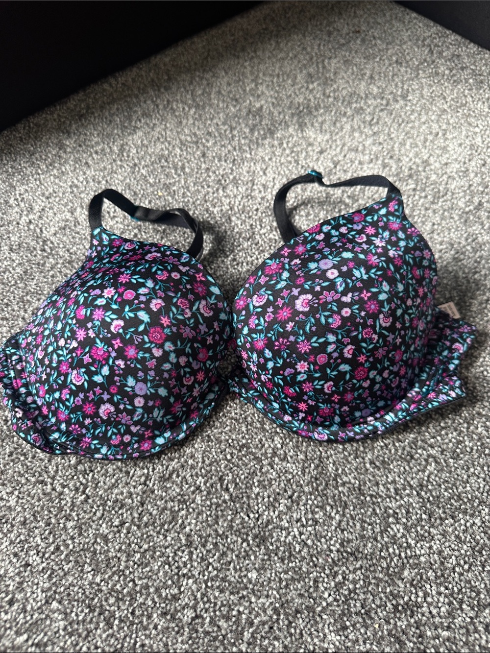 Victoria’s Secret Floral Print Padded Bra - Black with Pink & Teal Flowers